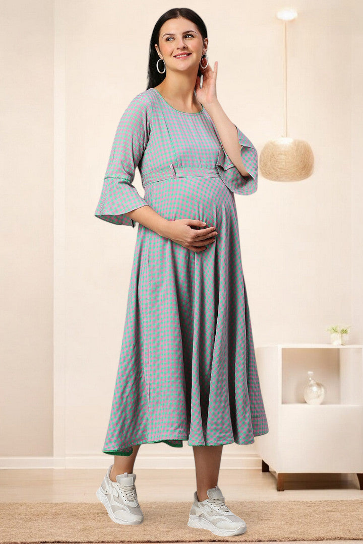 PolyCotton Checks Maternity Kurta – Designed for Pregnancy & Nursing