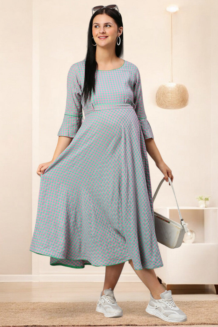 PolyCotton Checks Maternity Kurta – Designed for Pregnancy & Nursing
