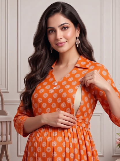 Rayon Printed Maternity Anarkali – Designed for Pregnancy & Nursing (DS466)