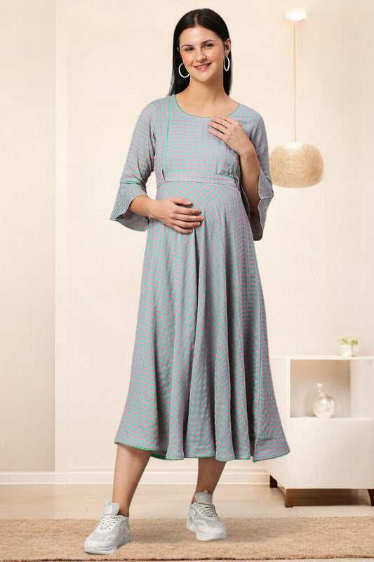 PolyCotton Checks Maternity Kurta – Designed for Pregnancy & Nursing