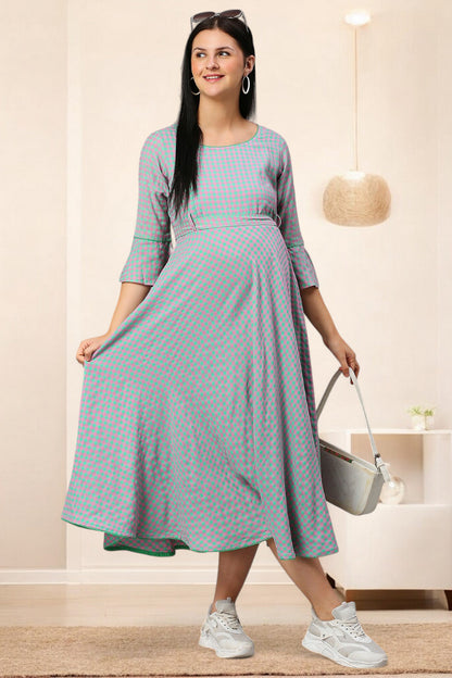 PolyCotton Checks Maternity Kurta – Designed for Pregnancy & Nursing